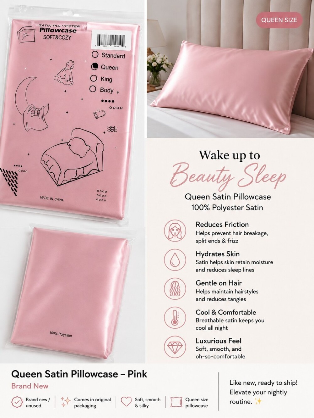 NEW Pink Satin Pillowcase | Beauty Sleep Hair & Skin Care | 100% Polyester
